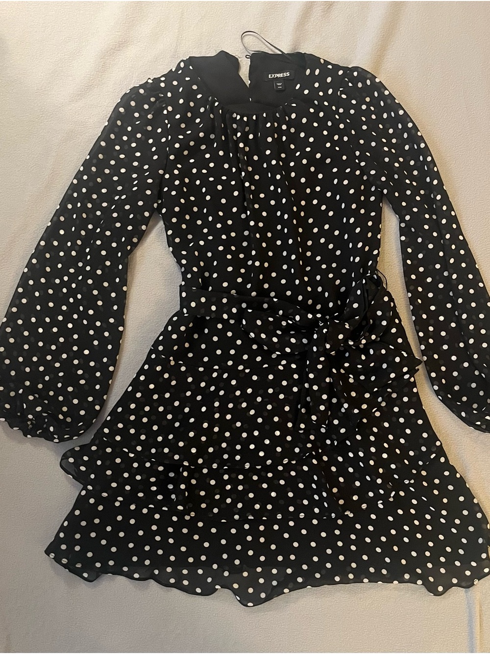 Express Women’s Black and White Polka Dot Long Sleeve Dress w/ Matching Tie Belt